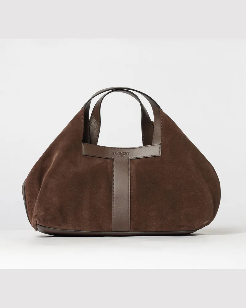 Twin-Set Ausgestellte Wildleder-Handtasche mit doppeltem Henkel Kaffee