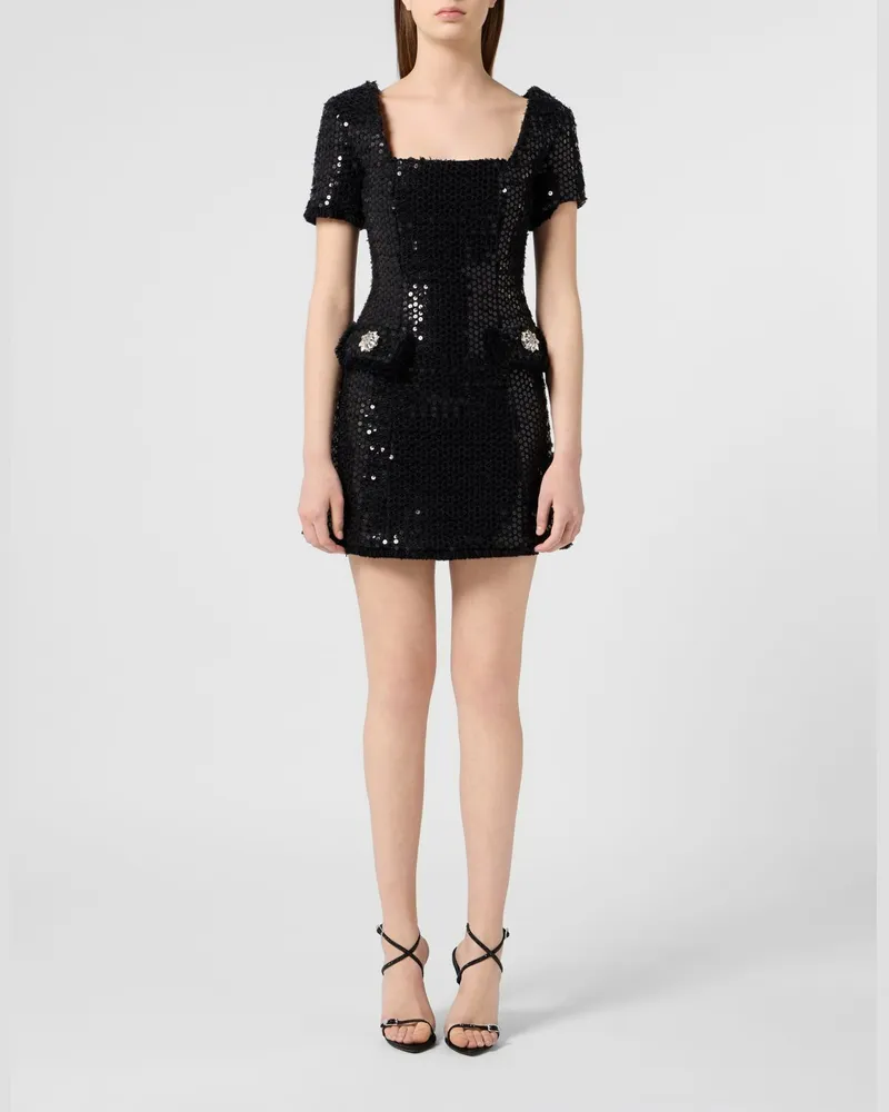 Philipp Plein Tweed-Minikleid mit Kristall- und Paillettenbesatz Schwarz