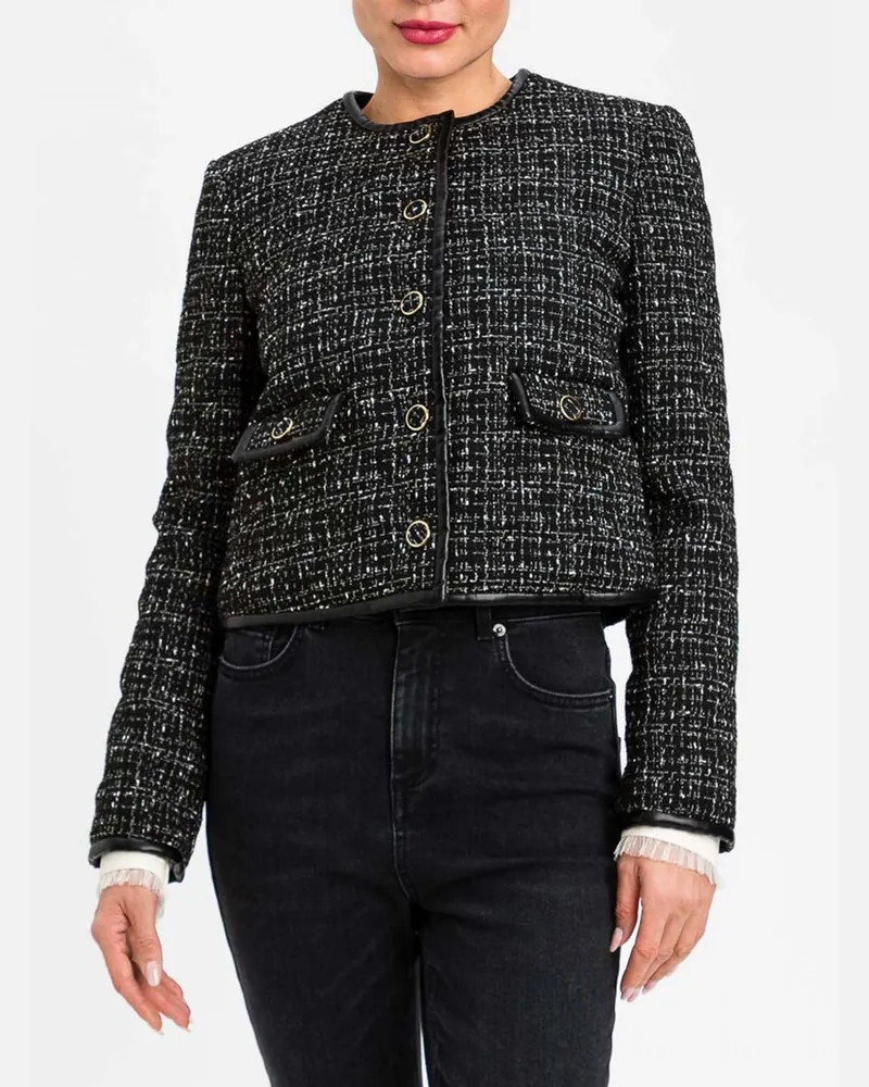 Twin-Set Kurze Tweed-Jacke mit Rundhalsausschnitt und Pattentaschen Schwarz