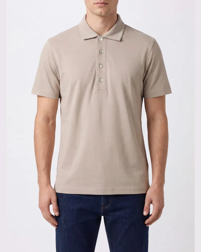 Eleventy Kurzärmeliges Baumwoll-Poloshirt mit geripptem Kragen und Knopfleiste Sand