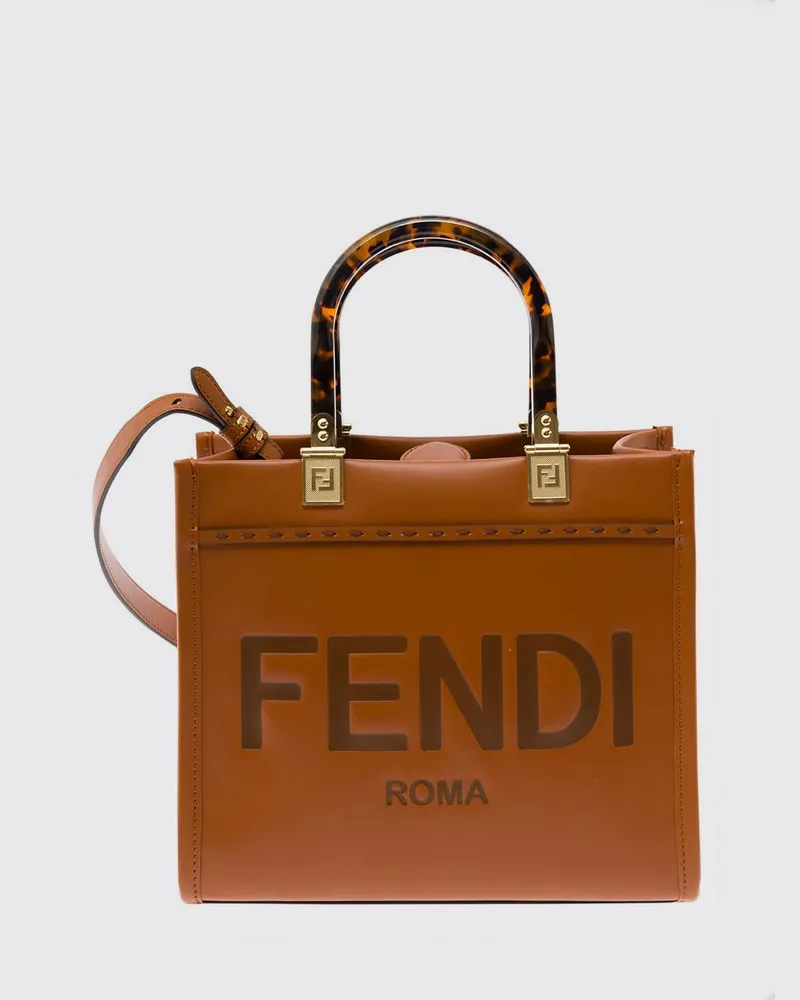 Fendi Kleine Sunshine Shopper-Tasche aus Kalbsleder mit gedrucktem Logo Braun