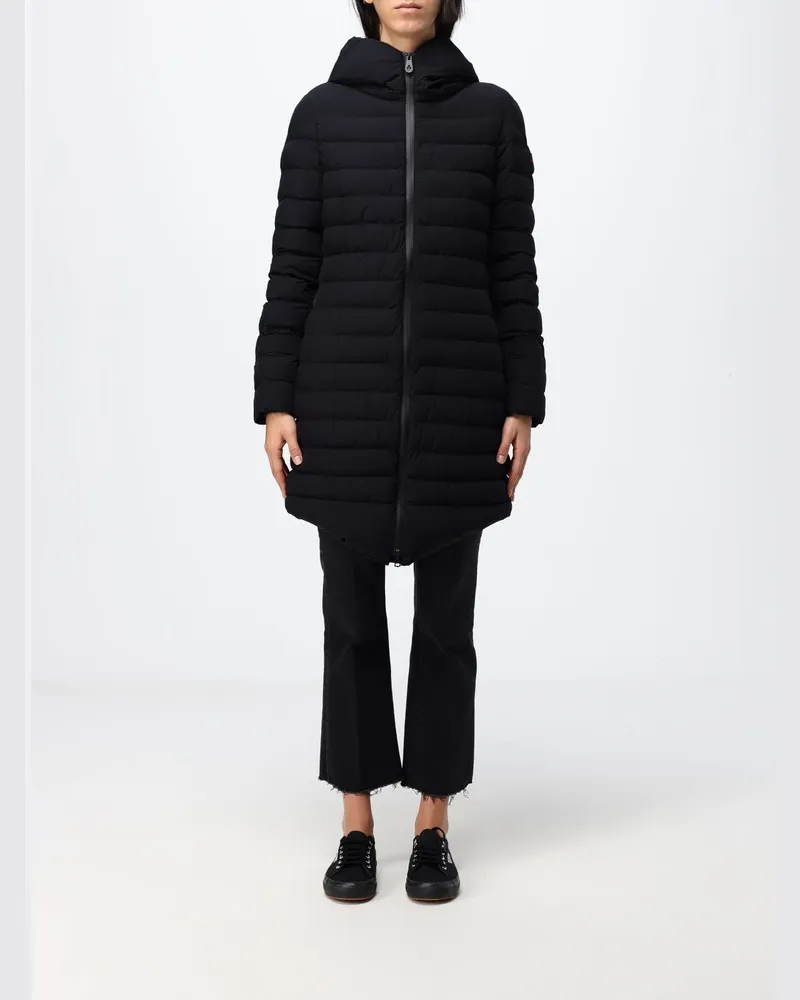 Peuterey Knielange gesteppte Nylon-Daunenjacke mit Kapuze und Reißverschluss Schwarz