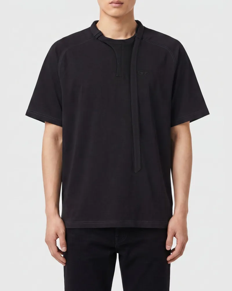 Diesel Kurzärmeliges Baumwoll-T-Shirt von mit Rundhalsausschnitt und geradem Saum Schwarz