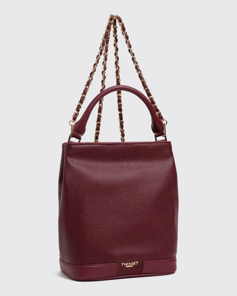 Twin-Set Bucket Bag aus genarbtem Leder mit Kettenriemen Burgunderrot