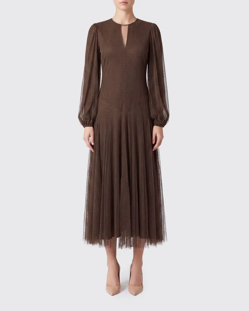Twin-Set Plissiertes Tüll-Midikleid für festliche Anlässe mit Rundhalsausschnitt Braun
