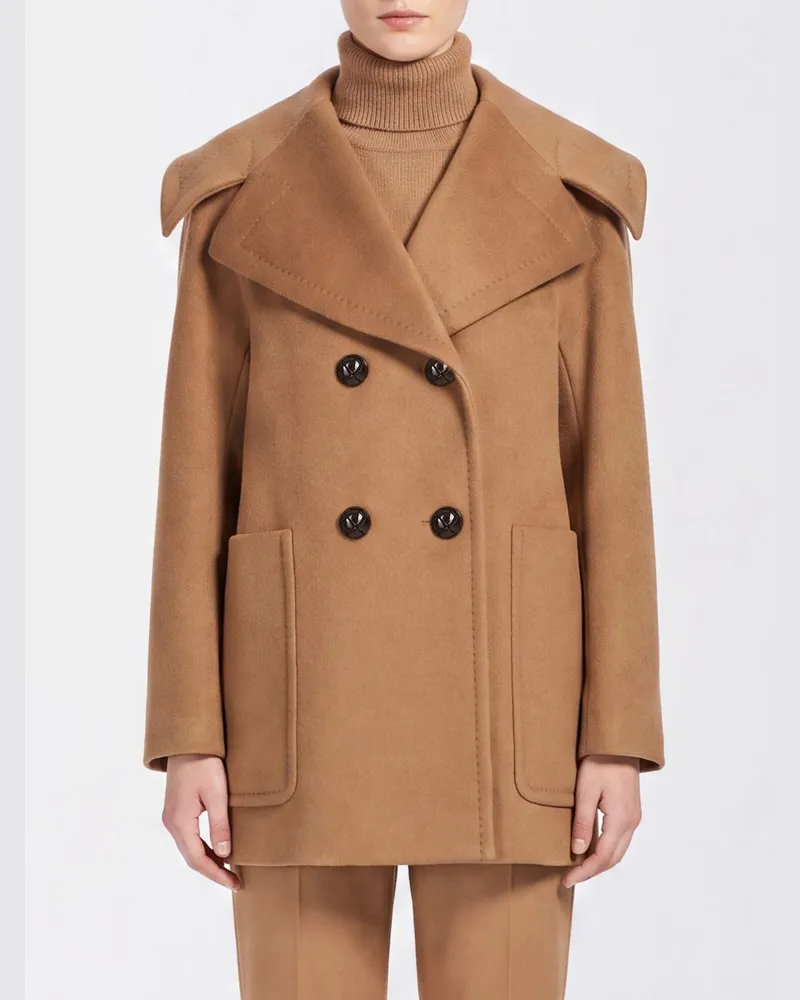 Max Mara Zweireihiger Kurzmantel von aus 100% Kaschmir mit aufgesetzten Taschen Camel