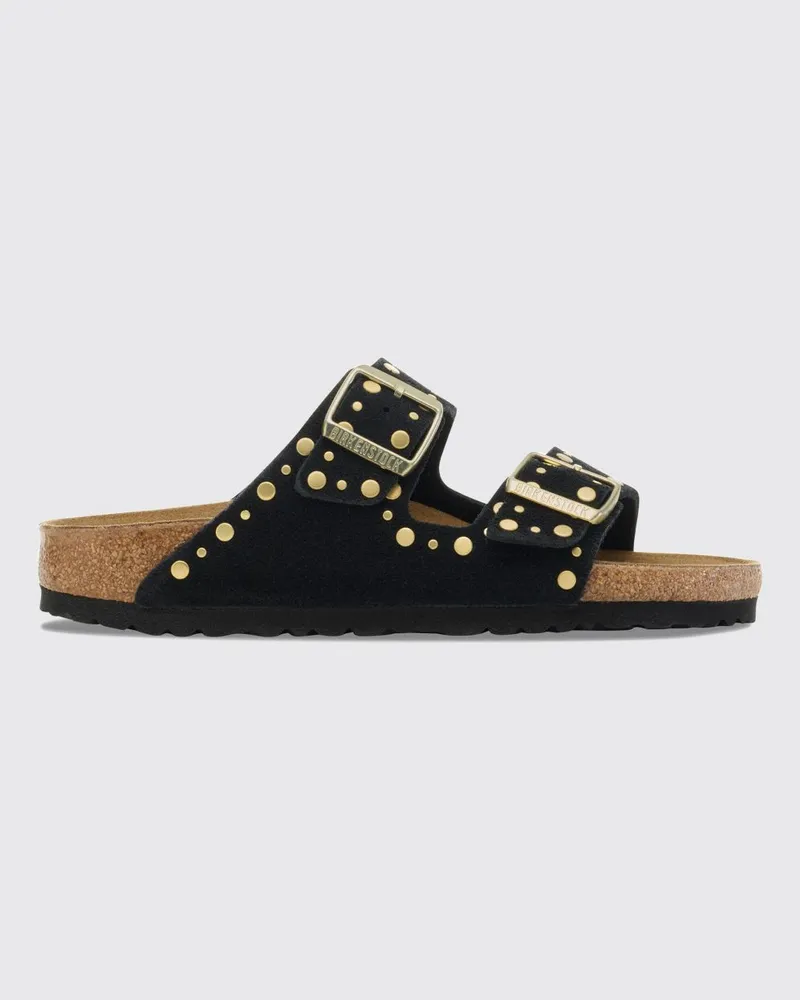 Birkenstock Flache Sandalen Arizona Rivet aus Veloursleder mit Nieten Schwarz