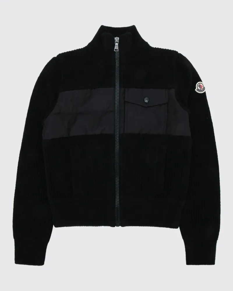 Moncler Strickjacke für Jungen aus gerippter Baumwolle mit Stehkragen und aufgesetzter Tasche Schwarz