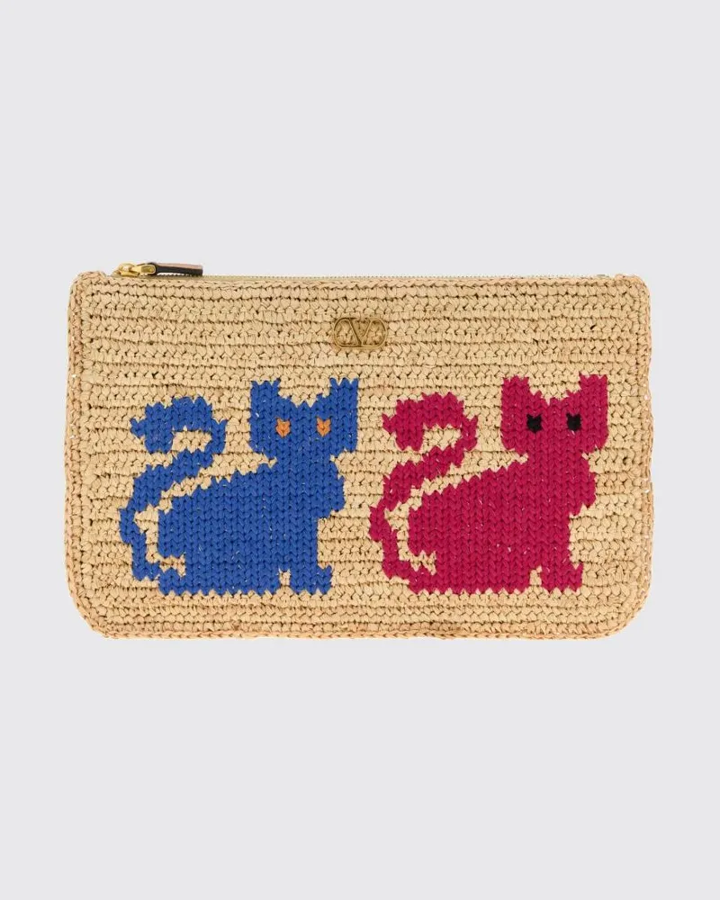 Valentino Garavani VLogo Signature Clutch von aus Raffia mit Fauna-Print Natural