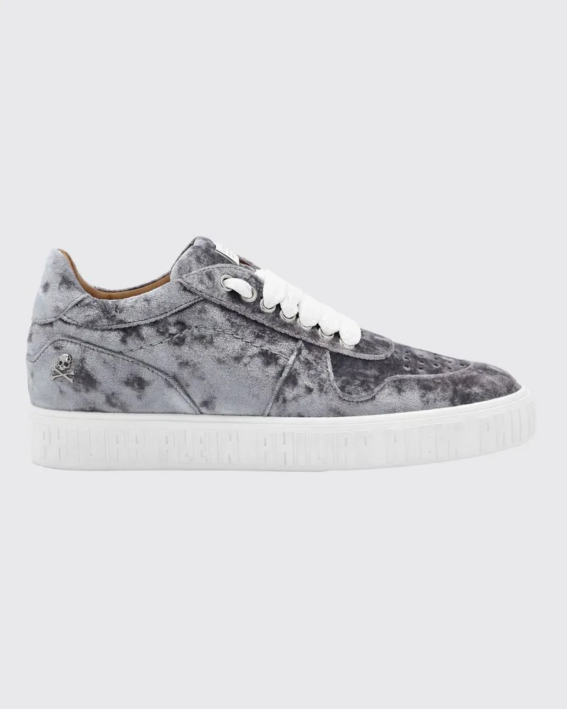 Philipp Plein Hurricane Low-Top Samt-Sneakers mit Skull-Applikation Grau