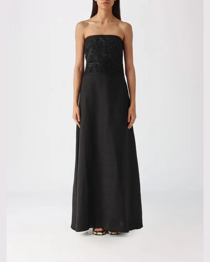 Ermanno Scervino Schulterfreies besticktes langes Leinen-Abendkleid von Schwarz