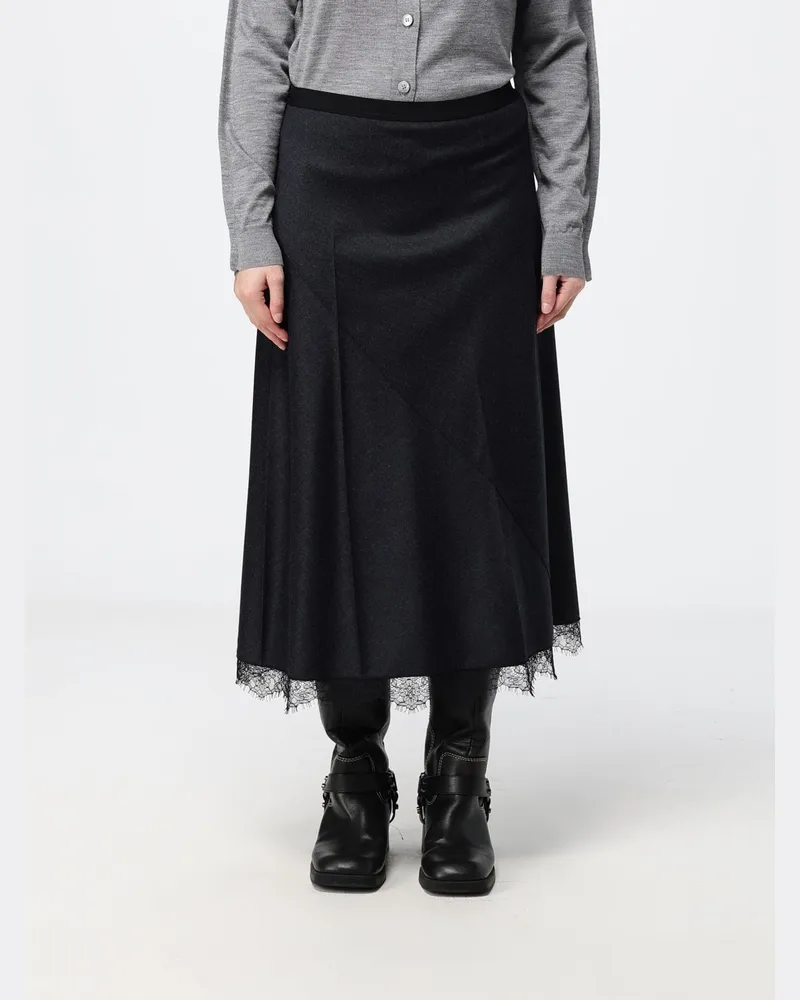 TELA Midi-Rock aus Wollmischung mit hoher Taille und Spitzeneinsätzen von Grau