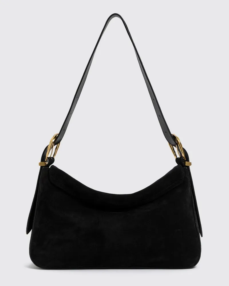 Twin-Set Ausgestellte Schultertasche aus Veloursleder mit geprägtem Logo Schwarz