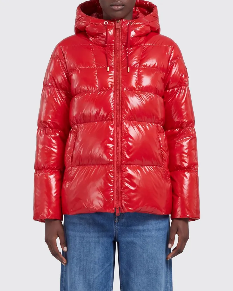 Pinko Kurze, wasserdichte, gesteppte Nylon-Daunenjacke mit Kapuze und elastischen Bündchen Rot