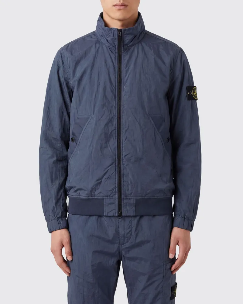 Stone Island Ultraleichte winddichte Nylon-Bomberjacke mit Stehkragen und Logo Blau
