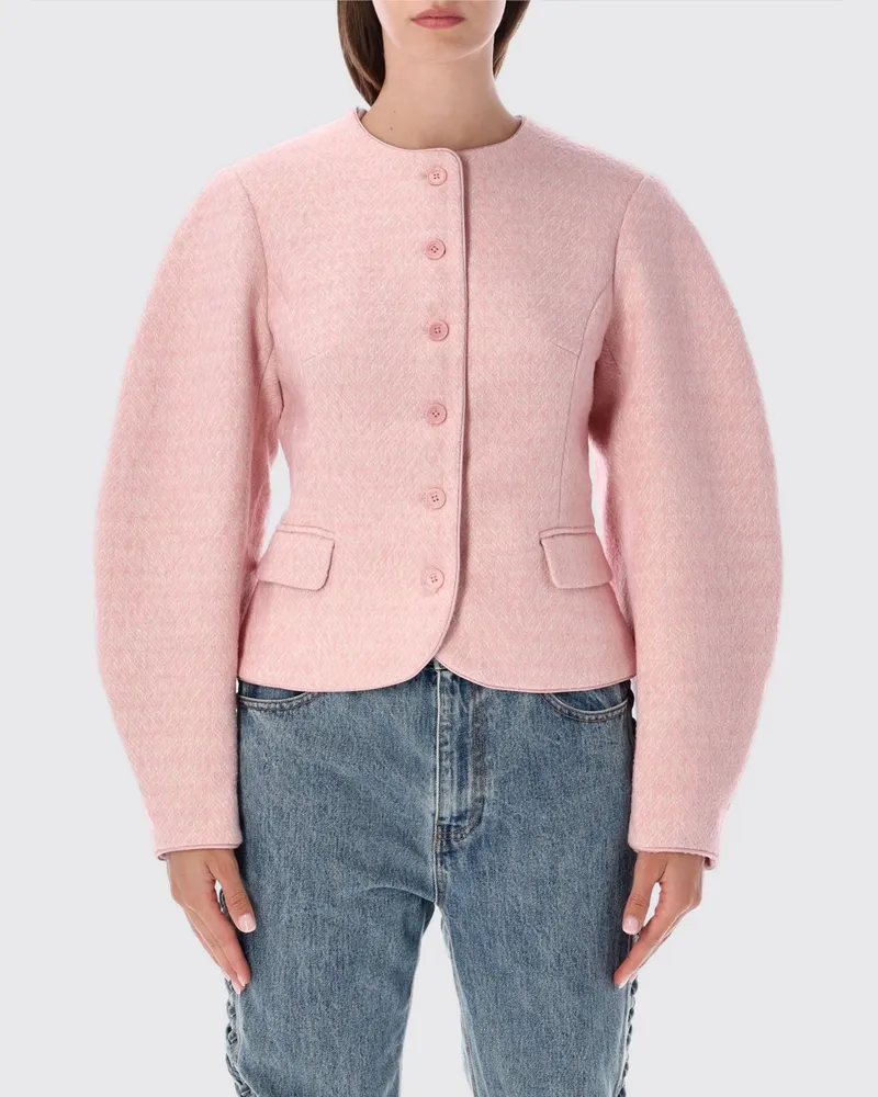 ROTATE Birger Christensen Kurzer Wollmisch-Blazer von mit Chevron-Muster und Puffärmeln Pink