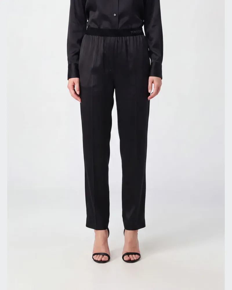 Tom Ford Schmal geschnittene Seidenhose mit Logo-Bund Schwarz