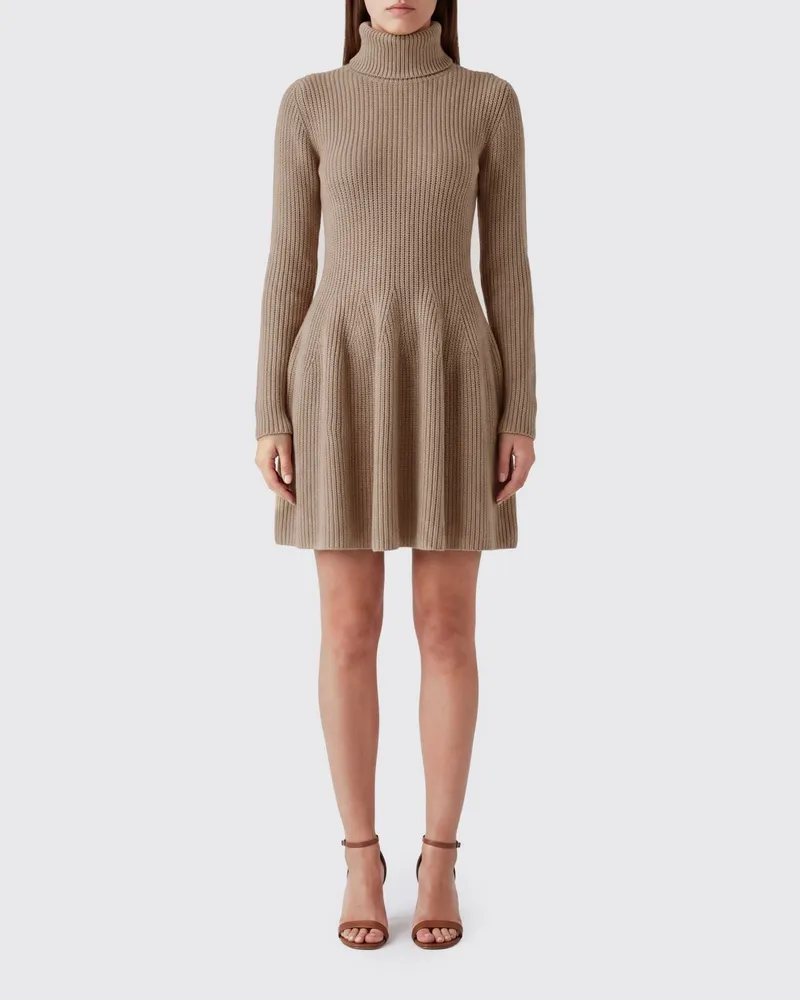Magda Butrym Geripptes Minikleid mit Rollkragen aus 100% Kaschmir Beige