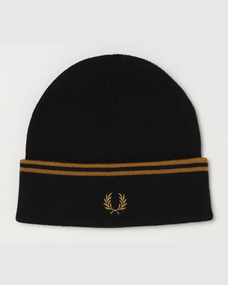 Fred Perry Gestreifte Merinowoll-Beanie mit gesticktem Logo Schwarz