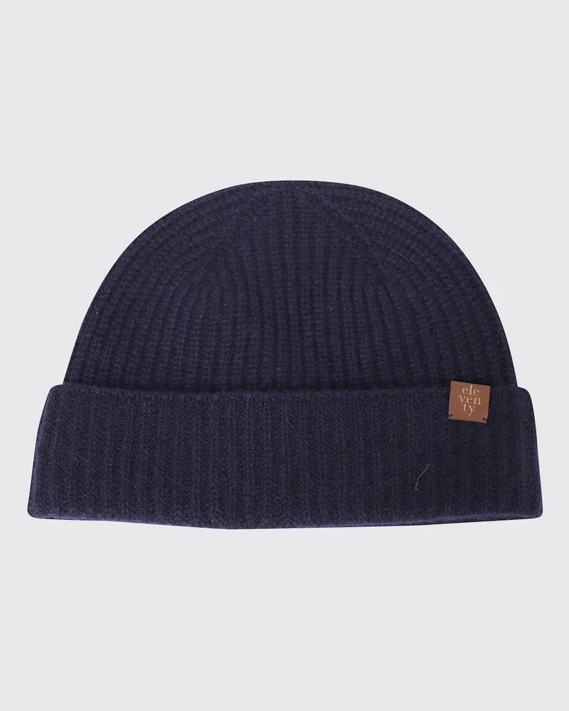 Eleventy Rippstrick-Beanie von aus reinem Kaschmir mit Umschlag und Logo Blau