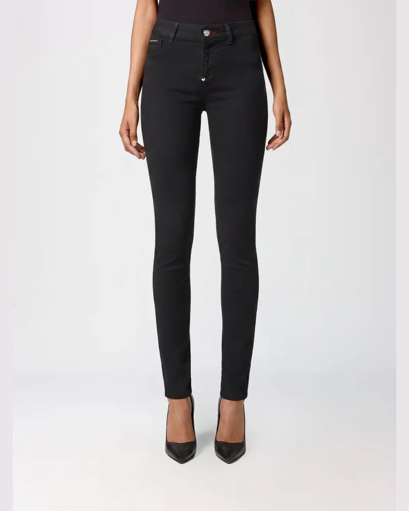 Philipp Plein Cropped Skinny-Jeans aus Stretch-Denim mit Hexagon-Logo Schwarz