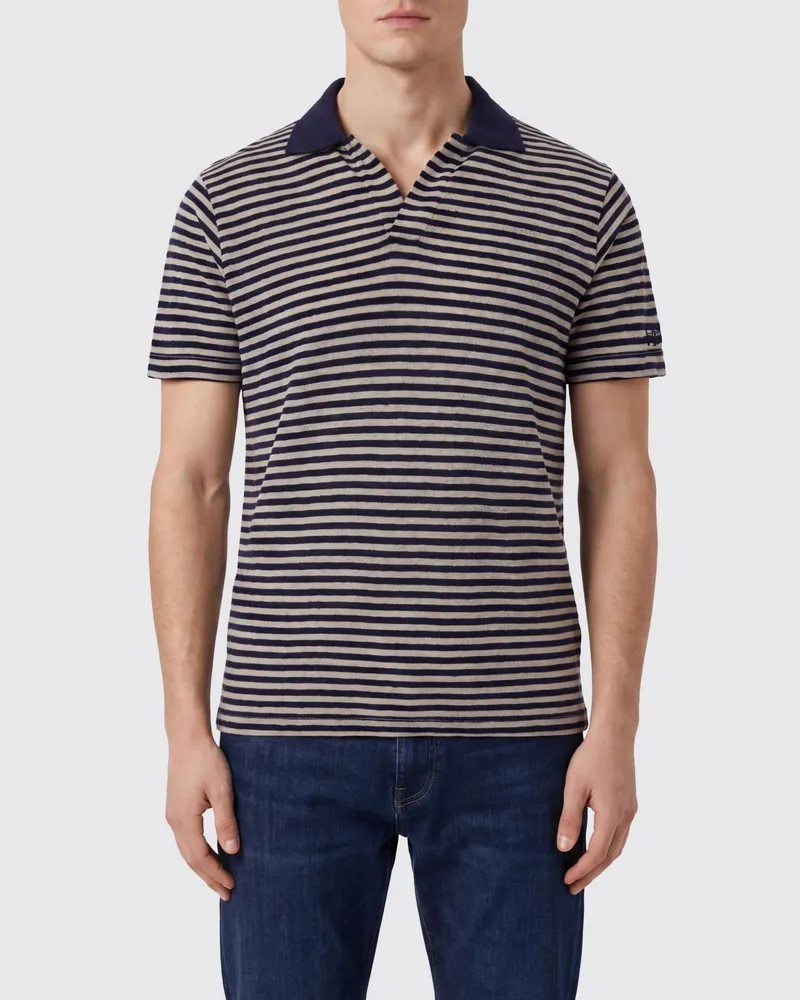 MC2 Saint Barth Gestreiftes Poloshirt aus Leinen-Baumwoll-Mischung mit V-Ausschnitt Grau