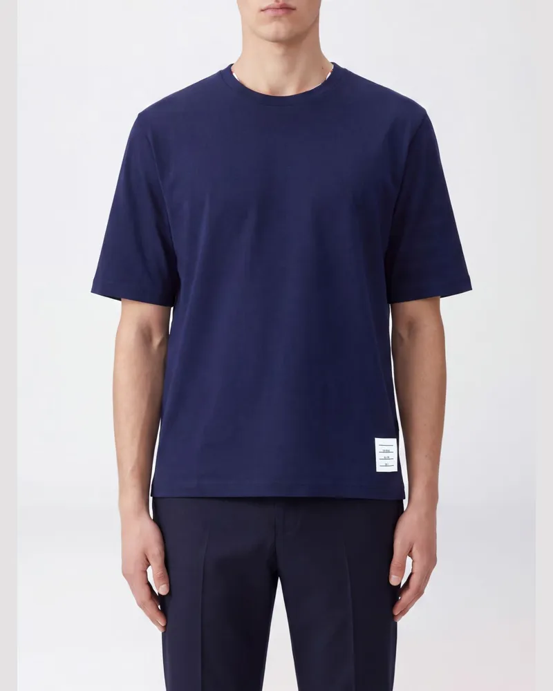 Thom Browne 4-Bar Baumwoll-T-Shirt mit ikonischem Ärmelmotiv Navy