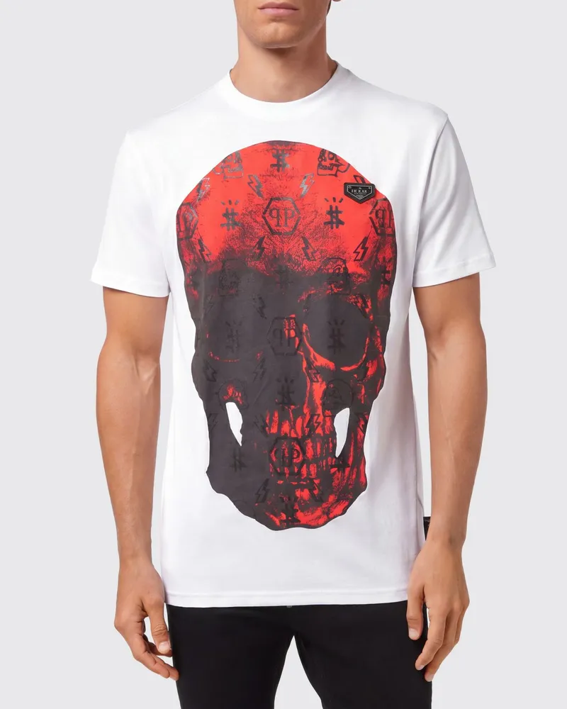Philipp Plein Baumwoll-T-Shirt mit kontrastierendem Totenkopf- und Logoprint hinten Weiß