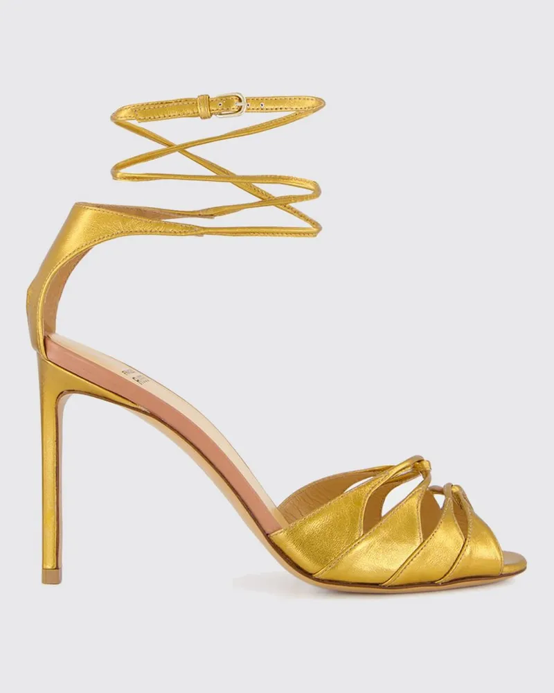 Francesco Russo Hochhackige Sandalen aus laminiertem Leder mit Knöchelriemen Gold