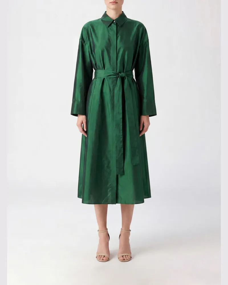 Max Mara Midi-Hemdblusenkleid aus Seidenmischung mit Bindegürtel Grün