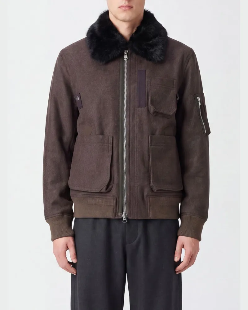 Sacai Bomberjacke aus Wolle mit Pelzkragen und aufgesetzten Taschen Braun