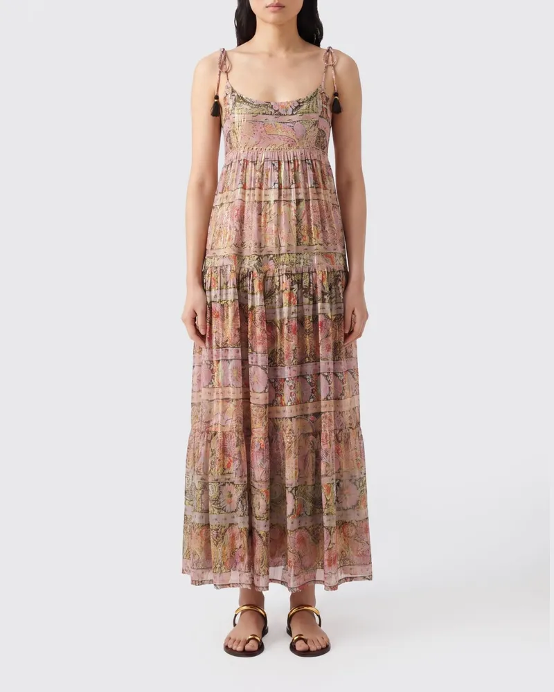 RIXO Midi-Kleid von aus Viskosemischung mit Ethno-Print und dünnen Trägern Schwarz