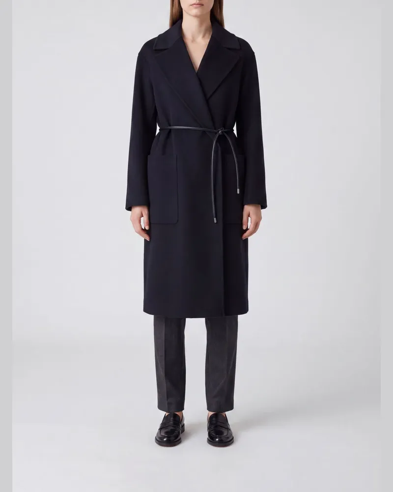 SPORTMAX Langer Robenmantel aus reiner Schurwolle mit Ledergürtel Schwarz