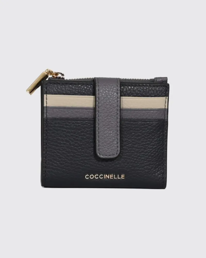 Coccinelle Bifold-Brieftasche aus genarbtem Leder mit bunten Streifen Blau