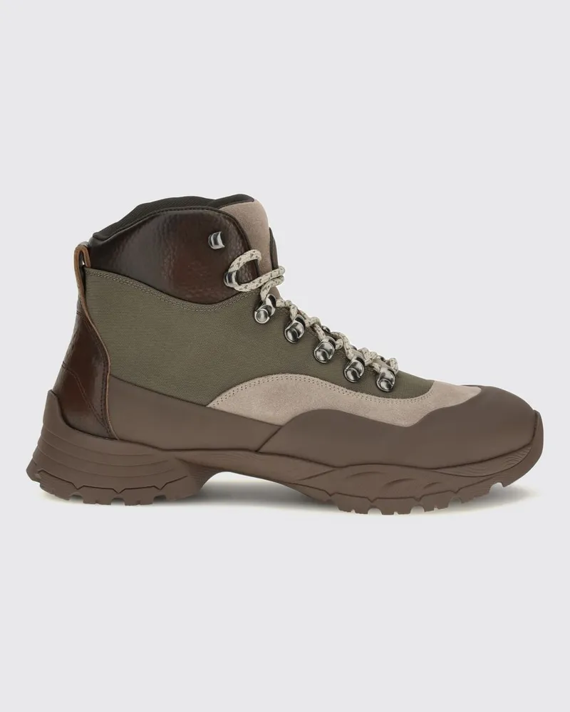 Brunello Cucinelli Schnürstiefeletten aus Nylon und Leder mit Profilsohle Kaki
