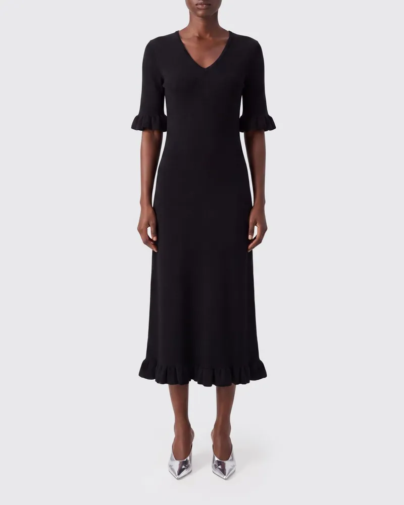 Jil Sander Strick-Midikleid aus Baumwollmischung mit V-Ausschnitt und Rüschen Schwarz