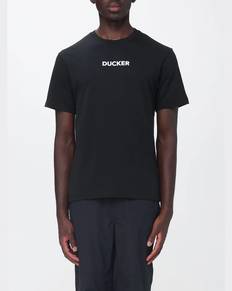 Save The Duck Baumwoll-T-Shirt mit Rundhalsausschnitt und Slogan-Print vorne Schwarz