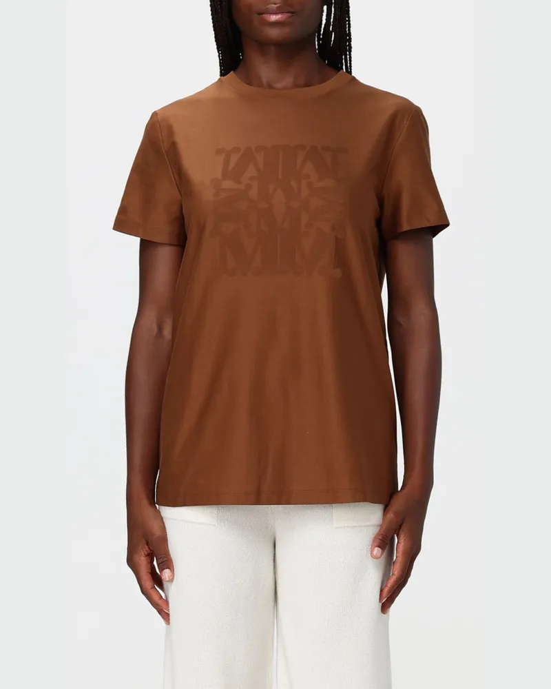 Max Mara Baumwoll-T-Shirt mit Rundhalsausschnitt und Ton-in-Ton-Monogramm Braun