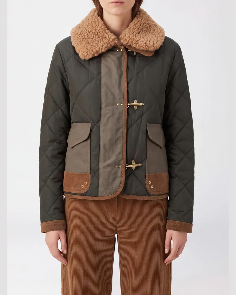 Fay Kurze Steppjacke aus Polyester mit Knebelverschlüssen und Pelzkragen Grün