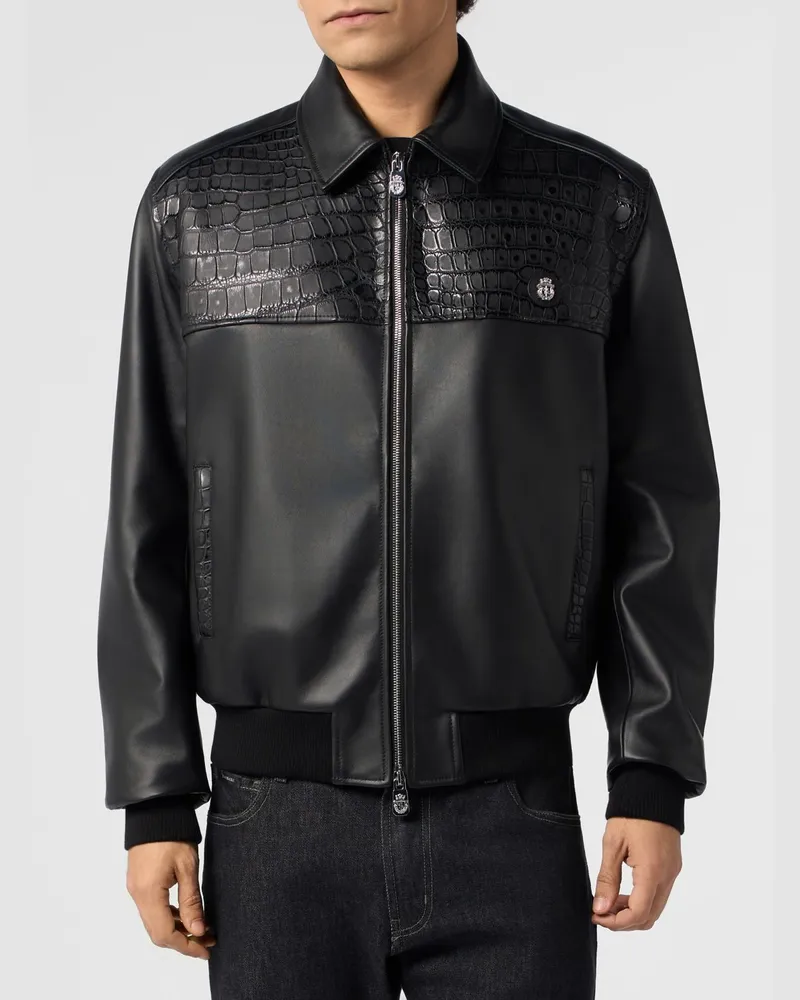 Billionaire Leder-Bomberjacke von mit klassischem Kragen und Reißverschluss Schwarz