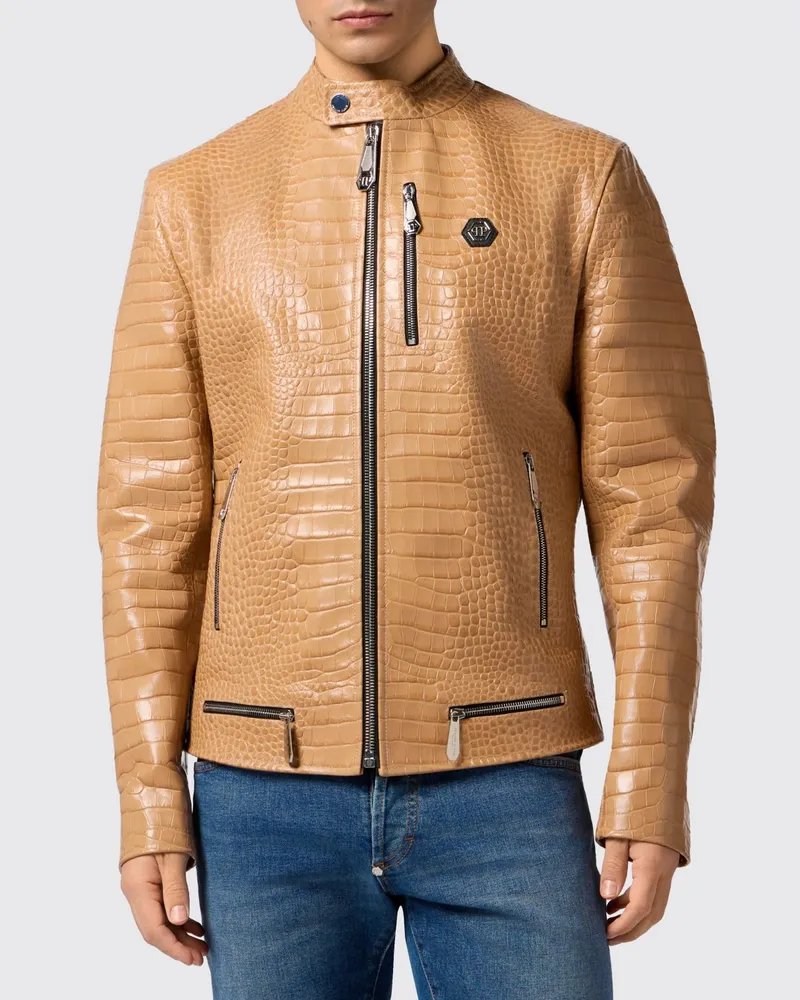 Philipp Plein Bikerjacke aus Krokoprint-Leder Beige