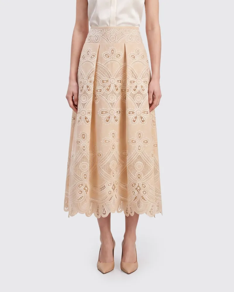 Elie Saab A-Linien-Midirock aus Broderie Anglaise mit hoher Taille und ethnischem Muster Weiß