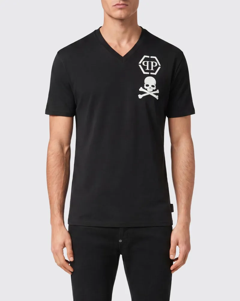 Philipp Plein V-Ausschnitt T-Shirt aus Baumwolle mit Monogramm-Logo Schwarz