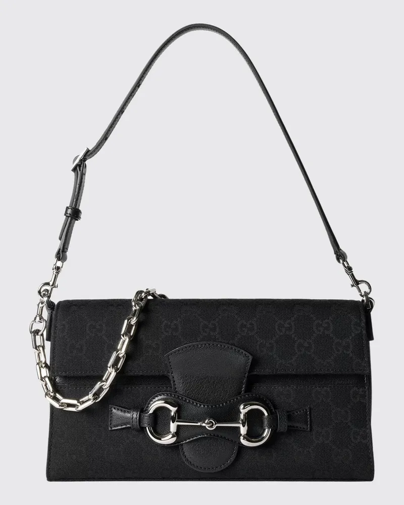 Gucci Horsebit Ristretto Schultertasche aus Jacquard mit GG-Monogramm Schwarz