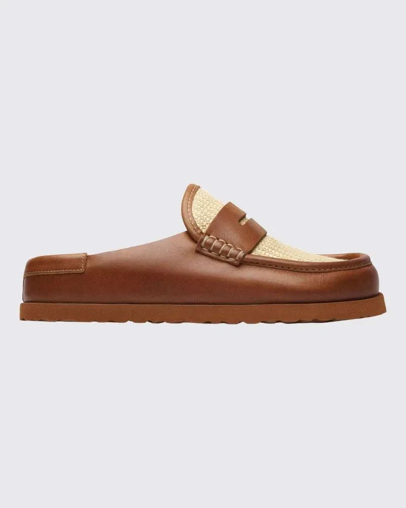 Birkenstock 1774 Naples Zweifarbige Pantoletten aus Bast und Glattleder Braun