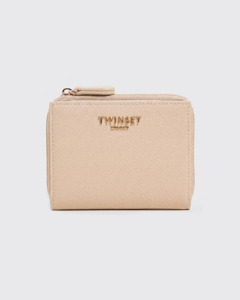 Twin-Set Bifold-Geldbörse aus Polyurethan mit Metall-Logo und Druckknopfverschluss Sand