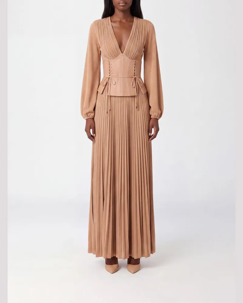 Elisabetta Franchi Langes Abendkleid aus Viskosemischung mit Korsett-Oberteil und V-Ausschnitt Beige