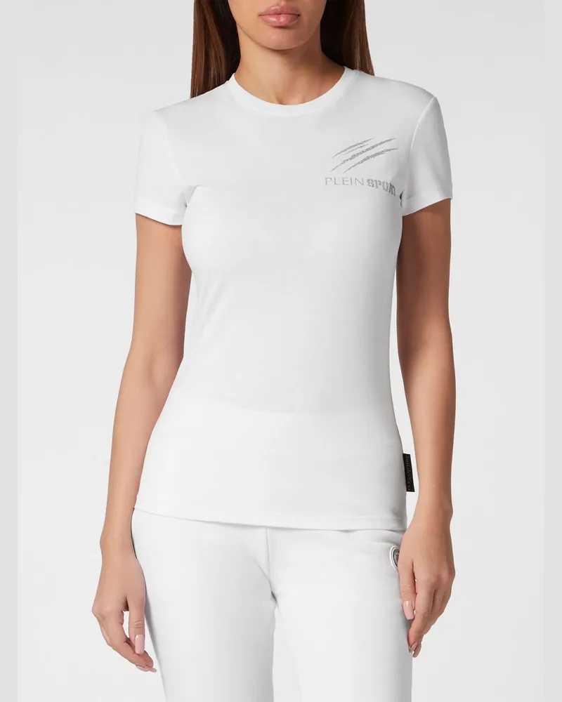 Philipp Plein Slim-Fit-Baumwoll-T-Shirt mit kontrastierendem Glitzer-Logo Weiß