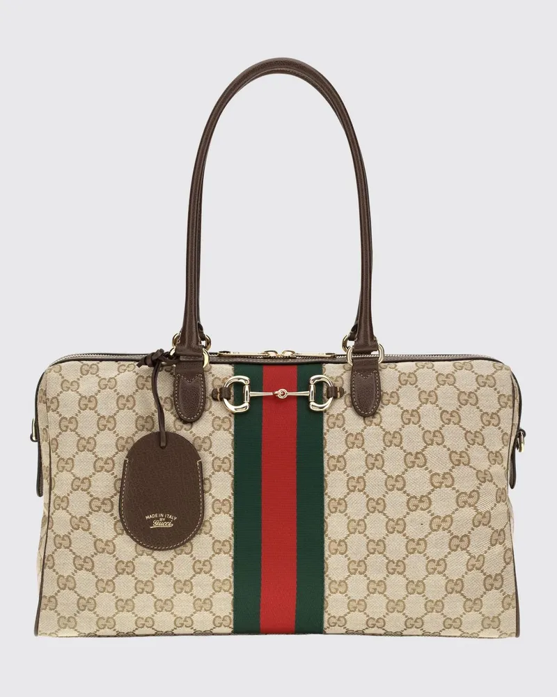Gucci Große Schultertasche aus GG-Jacquard-Stoff mit Horsebit-Detail Sand