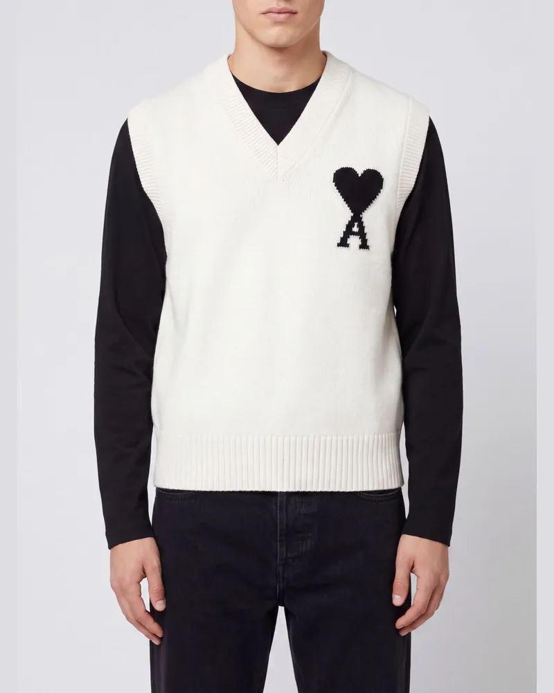 AMI Paris Woll-Strickweste von mit V-Ausschnitt und Logo Beige
